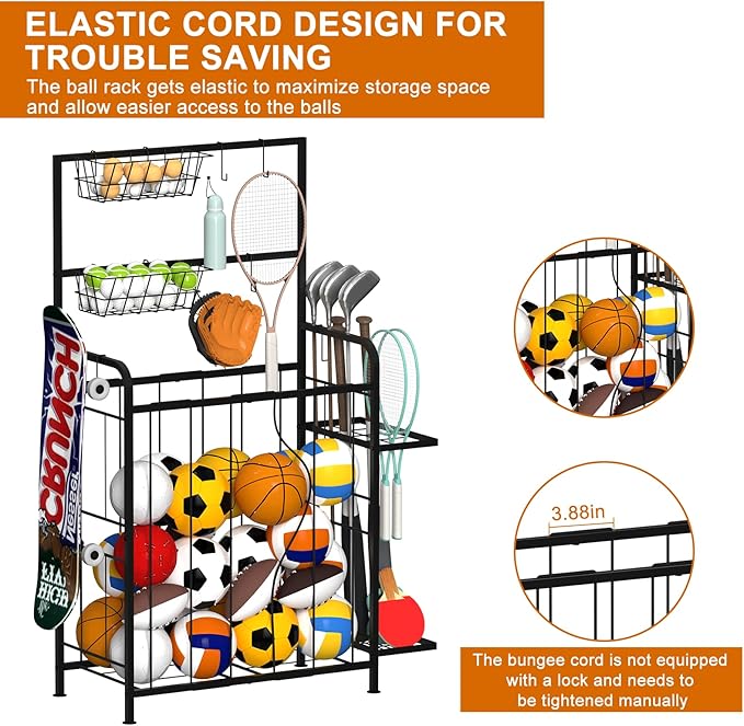 Shinoske Sports Equipment Organizer, Garage Storage Rack With Hooks and Baskets,Multi Use Large capacity Ball Storage Rack for Basketball,Football, Soccer, Bat, Toys,Indoor/Outdoor Use,Black