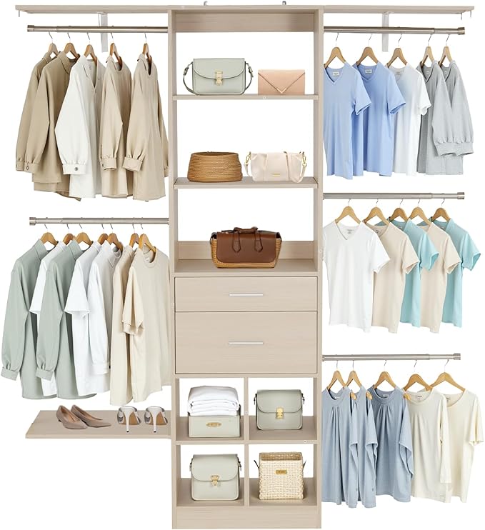 VEVOR Closet System with 2 Drawers, Adjustable Height Wooden Closet Organizers, Modern Walk-in Wardrobe Organization with 5 Retractable Clothes Hanger Rods, Freestanding Garment Rack Storage, Grey