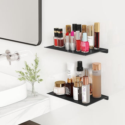 MKO 8" Small Floating Shelves for Wall, Metal Wall Mounted Shelf for Bathroom, Bedroom, Living Room, Kitchen, Little Mini Tiny Display Hanging Shelves for Books/Storage/Room Decor 2 Packs, Black