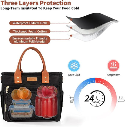 Large Women Lunch Bags for Work Insulated/Insulated Adult Lunch Box for Women/Durable Nylon Thermal cooler Bag /Leakproof Cooler Tote Bag with Storage Pocket(Newly upgraded Noir Black Brown strap)