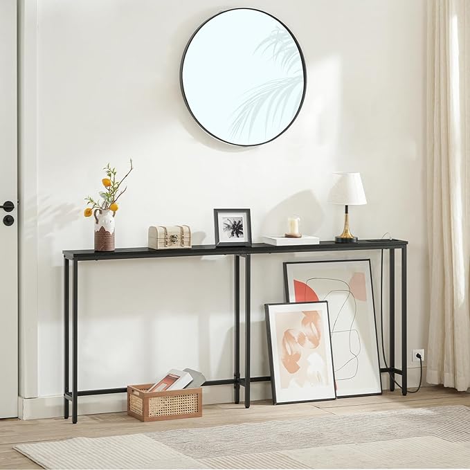 HOOBRO 70.9" Narrow Console Table with Charging Station, 5.9" Sofa Table with 2 Power Outlets and USB Ports, Long Entryway Tables Behind Couch Table, for Hallway, Livingroom, Black BB185UXG01G1
