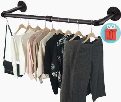Clothes Rack Wall Mount with 3 Hooks, 36''L Clothing Bar for Wall, Industrial Pipe Clothes Rod, Heavy Duty Iron Garment Rack, Clothes Hanging Rod Bar for Laundry Room Closet Storage