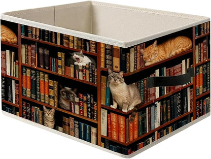 Vintage Cat Book Lovers Storage Bin Box with Handles, Retro Cat Bookish Foldable Organizer Basket Toybox for Reading Corner Room Library Bedroom Bathroom Home Clothes Toys Books
