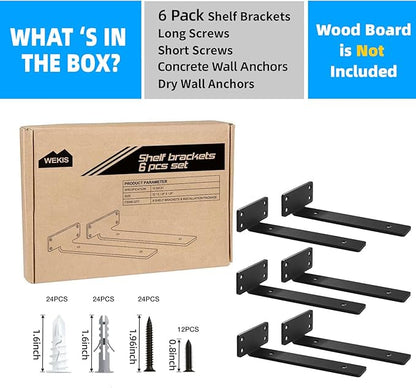 Shelf Brackets Floating Shlef Brackets 12-Inch 6-Packs, 1/5-Inch Thick Heavy Duty Shelving Brackets for Wood Shelves, 12" Hidden Black Metal L Bracket Shelf Bracket Supports with 160 Lbs Load Capacity