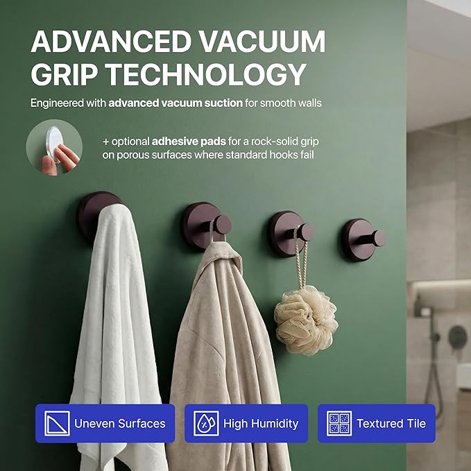 HOME SO Suction Cup Hooks for Shower & Bathroom Towel Holder 4-Pack – Suction Cups Hooks for Hanging Towels, Robes, & Coats - Tiles, Glass Door or Mirror – Shower Hooks & Towel Hooks Organizer -Bronze