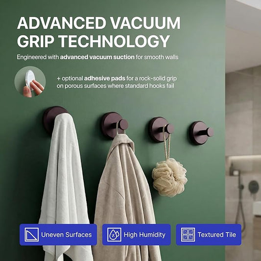 HOME SO Suction Cup Hooks for Shower & Bathroom Towel Holder 4-Pack – Suction Cups Hooks for Hanging Towels, Robes, & Coats - Tiles, Glass Door or Mirror – Shower Hooks & Towel Hooks Organizer -Bronze