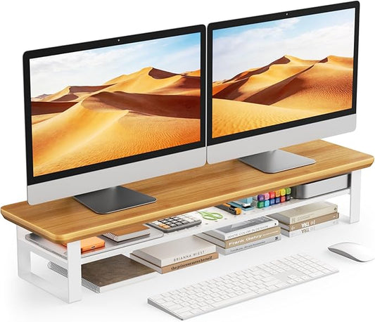 Dual Monitor Stand, 35.4 Inch Monitor Stand Riser for 2 Monitors, 2 Tiers Wood Desk Shelf with Storage, Desktop Organizer Stand for Computer, Laptop, Printer, TV (Cherry Wood, 35.4in)