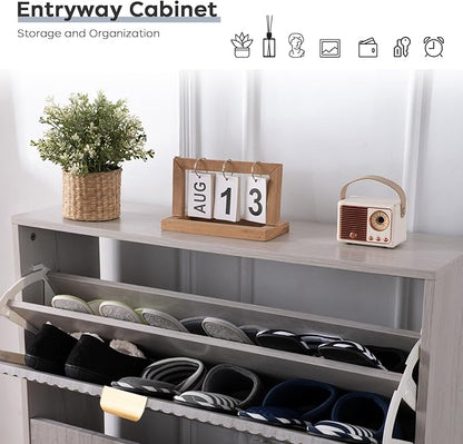Shoe Cabinet with 2 Flip Drawers, Freestanding Shoe Organizer with 4 Wooden feet, Modern Shoes Storage Cabinet for Entryway, Hidden Narrow Shoe Rack Cabinet for Foyer, Hallway, Mudroom, Grey