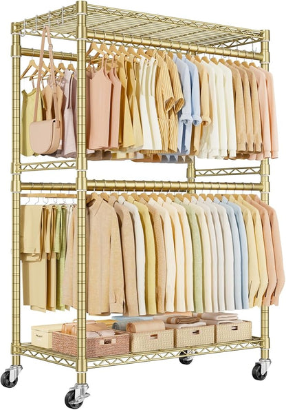 P4 Plus Rolling Clothes Rack Heavy Duty, Clothing Racks for Hanging Clothes, Free Standing Garment Racks with Wheels, Portable Closet Rack 45'' W × 20.5'' D × 80.5'' H, Max Load 570 Lbs, Gold