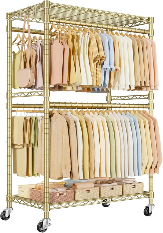 P4 Plus Rolling Clothes Rack Heavy Duty, Clothing Racks for Hanging Clothes, Free Standing Garment Racks with Wheels, Portable Closet Rack 45'' W × 20.5'' D × 80.5'' H, Max Load 570 Lbs, Gold