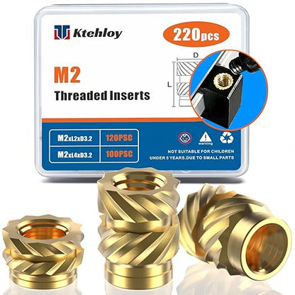 220Pcs M2 Threaded Inserts, M2 Female Thread Metric Knurled Nuts Assortment Kit, Brass Heat Set Insert for Plastic and 3D Printing Components (M2x2x3.2, M2x4x3.2