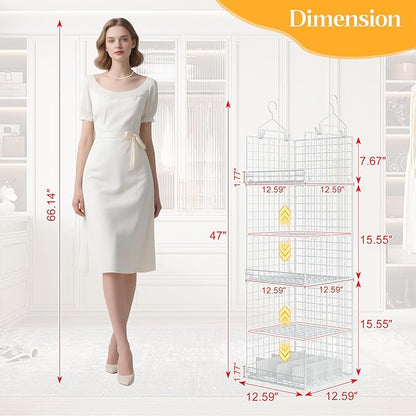 5 Tier Hanging Closet Organizer Separable Hanging Closet Shelves with 4 Hooks 2 Adjustable Dividers, Wire Storage Basket Bins for Clothing Sweaters Socks Dolls Handbags, Foldable