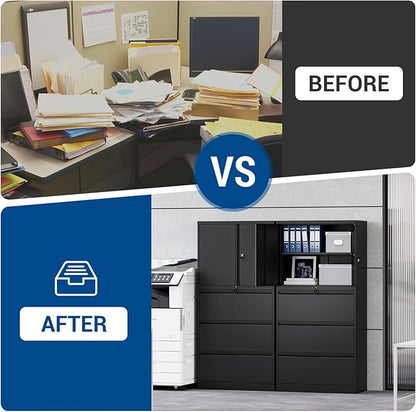 3 Drawers Lateral File Cabinet with Lockable Drawer and Door- Large Steel Filing Cabinet for Home Office Hanging Files Letter/Legal/F4/A4 Size