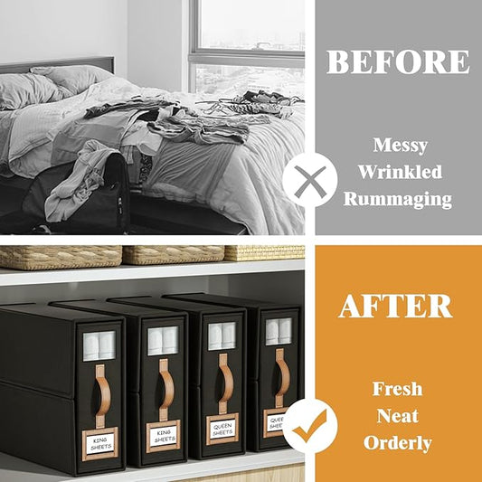 8 Pack Foldable Bed Sheets Set Organizers and Storage(King & Queen Size),Linen Fabric Closet Organizers with Window,Folding Bedding Storage Box for Bedsheets and Pillow Cube Organizer-Black