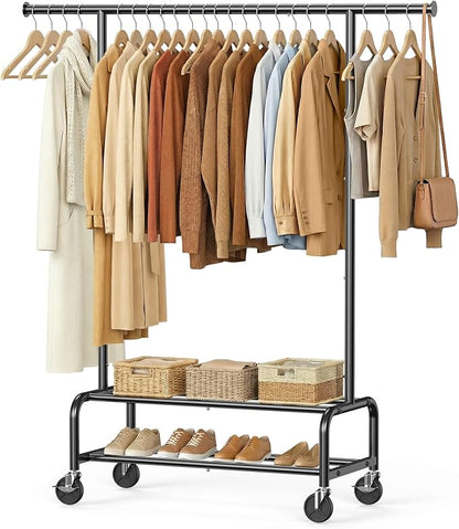 Clothes Rack for Hanging Clothes, Portable Clothing Rack with Wheels Sturdy Garment Organizer Metal Portable Wardrobe Closet with Double Shelves for Bedroom Laundry Living Room, Black
