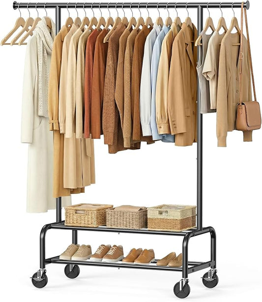 Clothes Rack for Hanging Clothes, Portable Clothing Rack with Wheels Sturdy Garment Organizer Metal Portable Wardrobe Closet with Double Shelves for Bedroom Laundry Living Room, Black