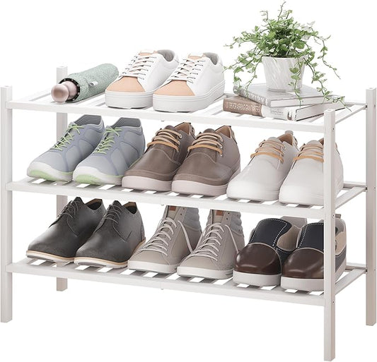 BMOSU 3-Tier Bamboo Shoe Rack Premium Stackable Shoe Shelf Storage Organizer for Hallway Closet Living Room Entryway Organizer(White Bamboo)