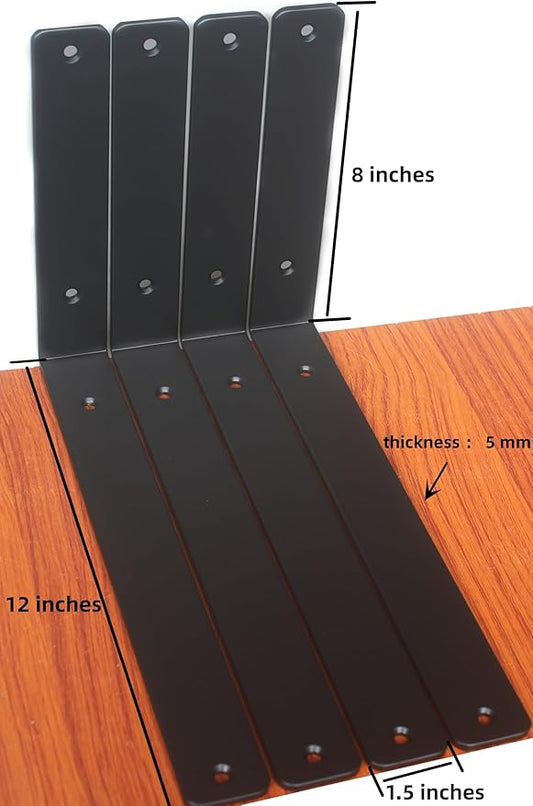 2 Pack - L 12" x H 8" x W1.5, 5mm Thick Black L Shelf Bracket, Iron Shelf Brackets, Metal Shelf Brackets, Floating Shelf, Shelf Supports with Screws