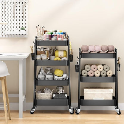 TOOLF 4 Tier Rolling Cart with Pegboard, Metal Storage Organizer Cart with Wheels, Hooks & Bins Esthetician Craft Art Sturdy Storage for Bathroom, Kitchen, Office, Nursery Diaper