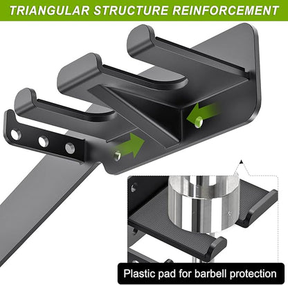 Wall Mounted Weight Plate Rack, Heavy Duty Olympic Barbell Holder & T Bar Row Landmine Attachment, 5 Pegs & 4 Barbell Storage, Space-Saving Home Gym Organizer