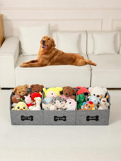 Qozary Large Dog Toy Basket with Diy Tag - Collapsible Dog Toy Bin, Fabric Personalized Storage Box, Trapezoid Storage and Organizer for Pet Supplies (Gray, Extra Large 47"x13.4")