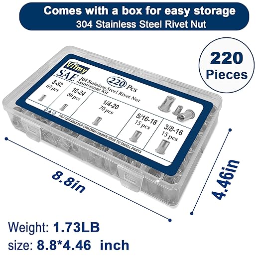 SAE Rivet Nut Assortment Kit(220 Pcs),#8-32#10-24 1/4"-20 5/16"-18 3/8"-16 304 Stainless Steel Flat Head Rivnut Set,Rivnut Threaded Insert Nut