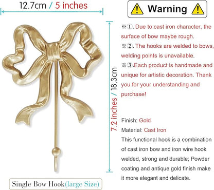 Single Bow Hook,Wall Mounted Functional Hook,Antique Gold Cast Iron Hooks for Coats,Hats,Bags, Bath Towels ,Room Decorations,Hallway,Bathroom,Kitchen,Office (Large single bow hooks:5x7.3 inches)