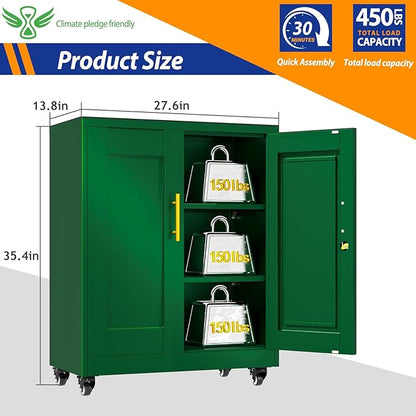 Metal Storage Cabinet with Lock and Wheels, Steel Tool Cabinet with 2 Door and 2 Adjustable Shelves, 35” Tall Lockable File Cabinet, Garage Cabinet, Rolling Cabinet for Home Office - Green