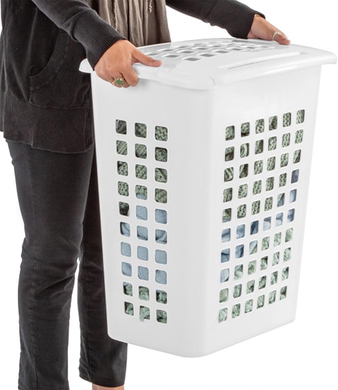Sterilite Rectangular LiftTop Laundry Hamper with Lid, Handles to Easily Carry Clothes Between the Laundry Room and Bedroom, Plastic, White, 8-Pack
