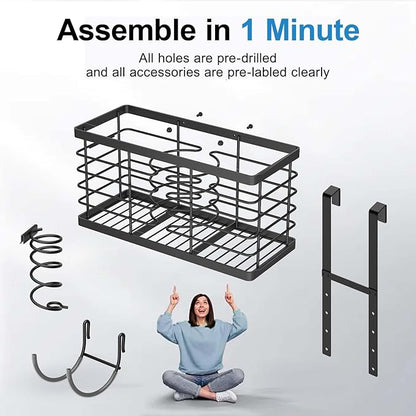Hair Tool Organizer, 3-in-1 Universal Hair Dryer Holder, Adjustable Height Metal Blow Dryer Holder Wall Mounted/Over Cabinet Door/Free-Standing, 12.2 * 5 * 6.1" (XL Black)