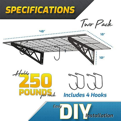 MonsterRax Garage Wall Shelf Two-Pack White or Hammertone Three Size Options Includes Bike Hooks 500lb Weight Capacity (Hammertone, 18"x48")