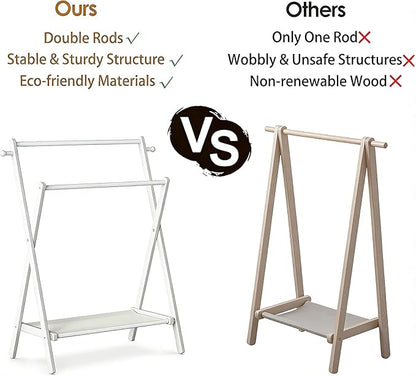 Kids Clothing Rack, Small Clothes Rack for Toddler Pets, Kids Dress Up Rack with Storage Shelf & Double Rods, Foldable Kids Clothes Rack for Nursery Child's Room (Regular Size - White)