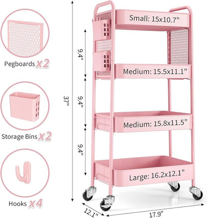 TOOLF 4 Tier Rolling Cart with Pegboard, Metal Storage Organizer Cart with Wheels, Hooks & Bins Esthetician Craft Art Sturdy Storage for Bathroom, Kitchen, Office, Nursery Diaper