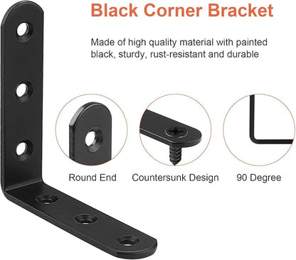 16 PCS Black L Brackets for Wood, 4" x 4" Corner Bracket Heavy Duty L Corner Brace Metal Right Angle Brackets for Shelves, Furniture, Bedframe, Cabinet, Drawer, Chair, Thickness 3MM