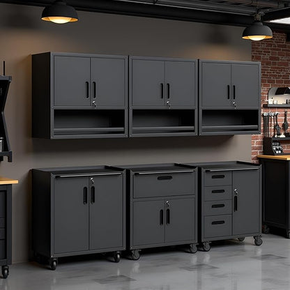 Garage Storage Cabinet System 6pcs Heavy Duty Workshop Set Wall Cabinet Lockable Rolling Tool Cabinets with Adjustable Shelves Metal Garage Storage Cabinets, Black
