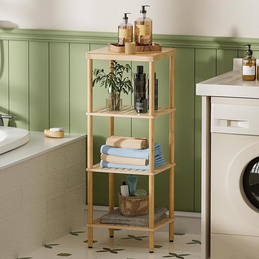 AmazerBath Bamboo Bathroom Shelf, 4-Tier Bathroom Storage Shelf, Multifunctional Storage Rack for Living Room Bedroom Kitchen, Space Saver