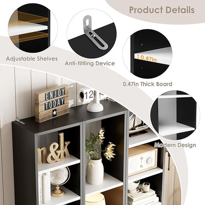 FOTOSOK 8-Tier Media Tower Rack, 11.6 X 9.3 X 71 Inches CD DVD Slim Storage Cabinet with Adjustable Shelves, Tall Narrow Bookcase Display Bookshelf for Home Office, Black/White