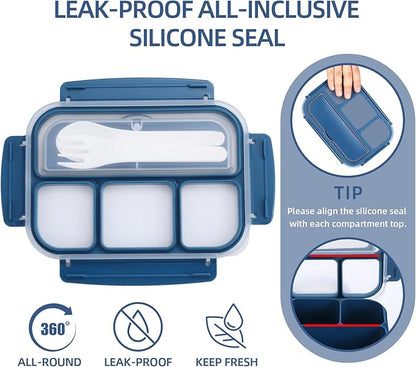 QQKO Bento Box Adult Lunch Box, Lunch Containers for Adults Men Women, Kids Lunch Boxes for School with 4 Compartments, Sauce Container, Utensils and Muffin Cups, Navy