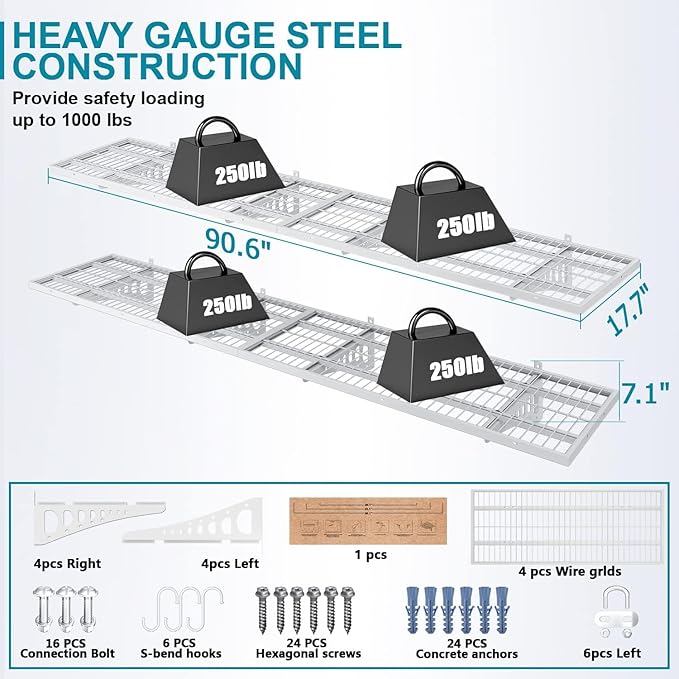4-Pack 1.5×3.8ft(18×45.6 inch) Garage Wall Shelving, 1000 lbs Load Capacity, Garage Wall Mounted Shelves, Heavy Duty Shelf with Hooks, White