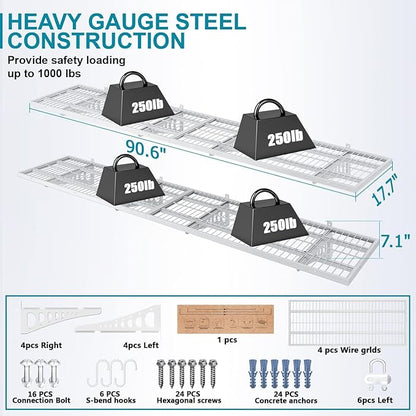 4-Pack 1.5×3.8ft(18×45.6 inch) Garage Wall Shelving, 1000 lbs Load Capacity, Garage Wall Mounted Shelves, Heavy Duty Shelf with Hooks, White