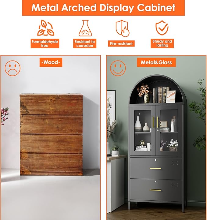 Tall Black Arched Bookcase, Metal Arched Bookshelf with 2 File Drawers and Locking Glass Doors,Assemble Required