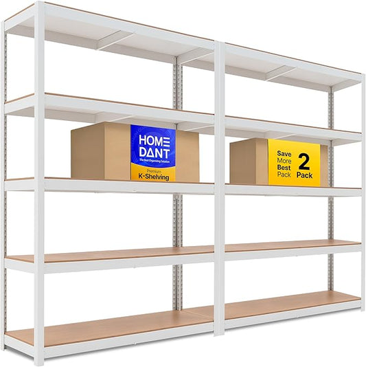 HOMEDANT House 5 Tier Heavy Duty Garage Shelving Adjustable Metal Rack Storage Shelves Standing Shelf Unit Organizers Pantry Closet Office (2, White, 48.1" W x 16.5" D)