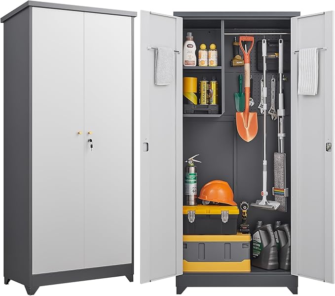 73''H Metal Outdoor Storage Cabinet, Garage Storage Cabinets with Shelves & Lockable Doors, Broom Cabinets for Cleaning Supplies, Waterproof Storage Shed for Garden, Porch（15.4" D x 31.5" W ）