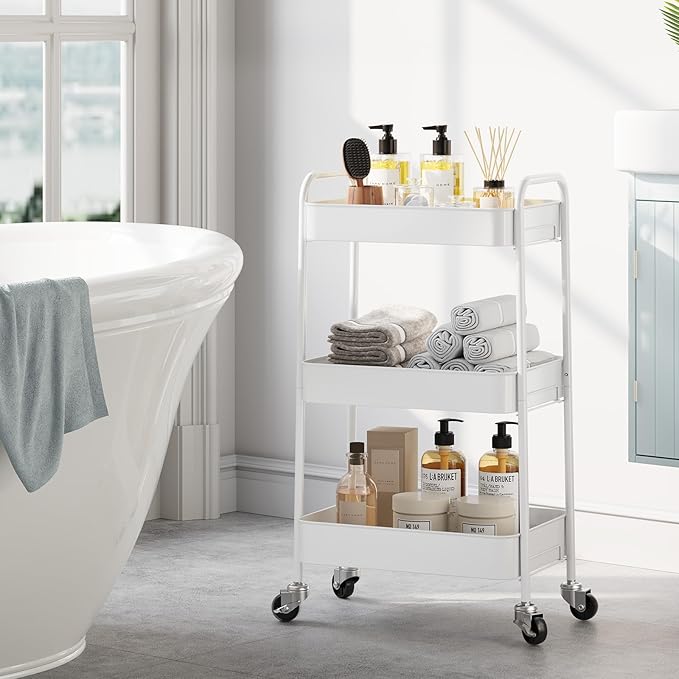 TOOLF 3-Tier Metal Rolling Cart with Wheels, Storage Utility Organizer Cart for Kitchen, Bathroom, Office, Baby Essentials & Makeup - Lockable Casters, Easy Assembly, Large Capacity, White