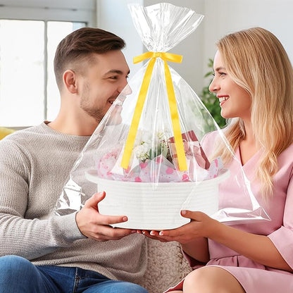 OIAHOMY Gift Basket with Handle, Valentine's Day Woven Basket with Gift Bag, Ribbon and Wrap Tissue Paper, Nursery Bins Empty to Fill with Small Items, Baby, Pet Toy Organiser - Valentine's White
