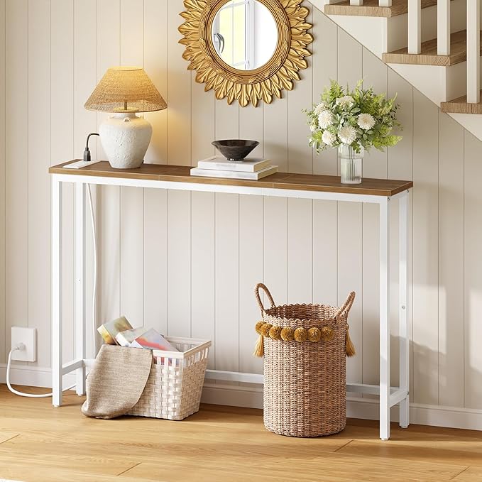 HOOBRO Narrow Console Table with Power Outlets, 44.9 Inches Sofa Table, Slim Behind Couch Table, Entryway Table with Display Shelf, for Living Room, Foyer, Hallway, Walnut and White WH114UXG01