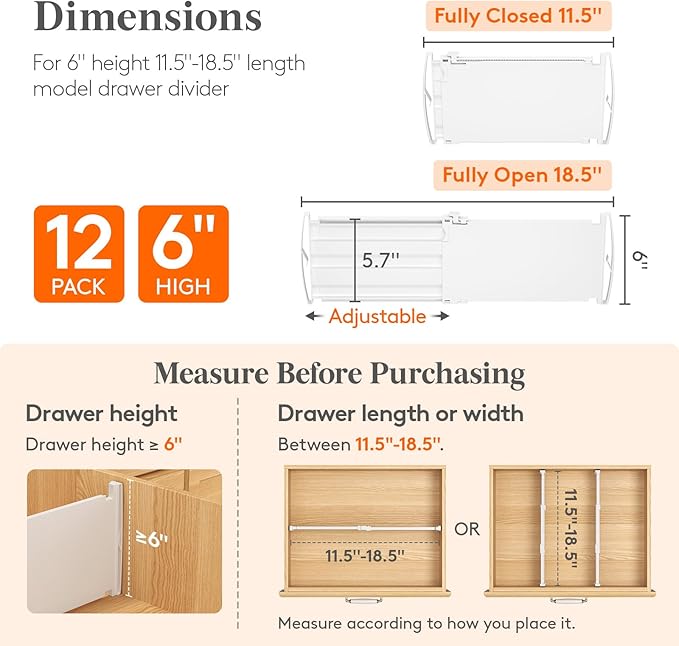 Lifewit 6" High 12 Pack Deep Drawer Dividers, 11.5-18.5" Expandable Clothes Divider for Drawers, Adjustable Dresser Drawer Organizers, White Drawer Separators for Dresser, Kitchen, Clothing