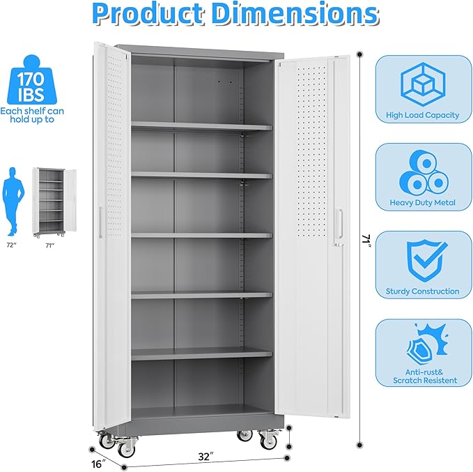 Garage Storage Cabinet with 5 Adjustable Shelves, 71" Metal Storage Cabinet with Wheels and Pegboard Doors for Garage, Home, Utility Room, White and Gray, Assembly Required