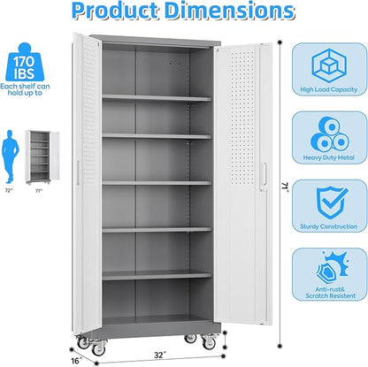 Garage Storage Cabinet with 5 Adjustable Shelves, 71" Metal Storage Cabinet with Wheels and Pegboard Doors for Garage, Home, Utility Room, White and Gray, Assembly Required