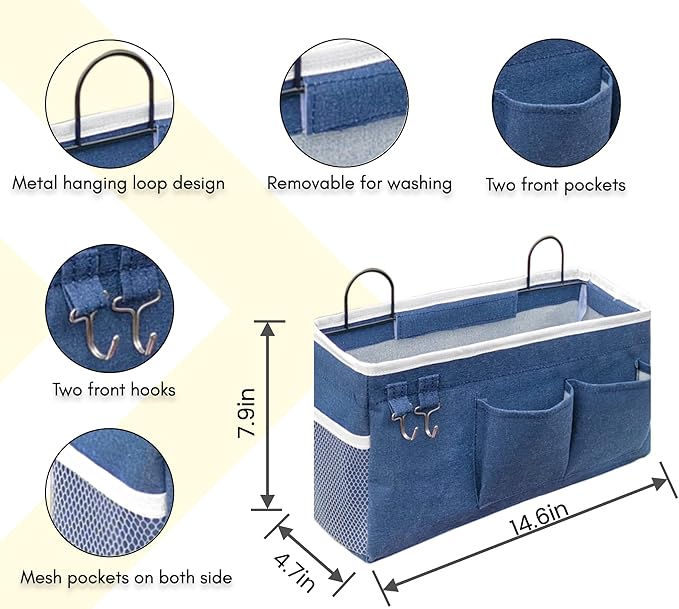2pcs Large Wall Hanging Organizer Bag, Linen Fabric Door Hanging Storage Baskets with Pockets, Waterproof Bin for Kitchen, Bedroom, Office, RV Camper (Blue)